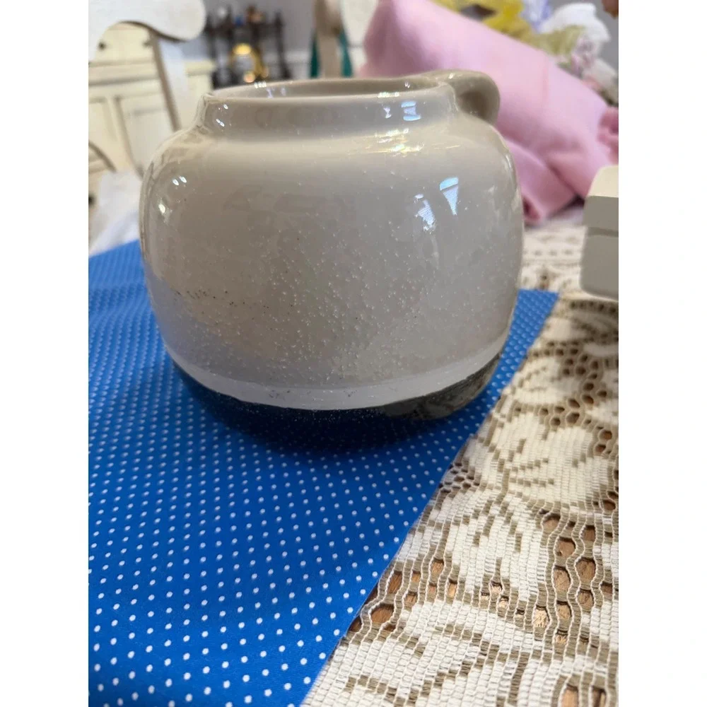 J.C. and Rollie Stoneware Crock Founded KCMO 1928 Cream Navy Blue